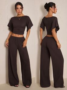 SHEIN PETITE Women's Solid Color Boat Neck Batwing Short Sleeve Cropped Top And Long Pants Casual 2 Pieces Set Everyday Lounge Dark Brown,Summer/Fall,Petite - Brown - View 13