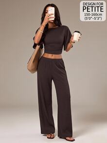 SHEIN PETITE Women's Solid Color Boat Neck Batwing Short Sleeve Cropped Top And Long Pants Casual 2 Pieces Set Everyday Lounge Dark Brown,Summer/Fall,Petite - Brown - View 14