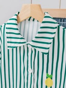 SHEIN Elladie kids Young Girls Back To School White Striped Print Lightweight Shirt Collared Long Sleeve Loose Casual Fairy Cowgirl Lemon Embroidery Spring Autumn Beach - Green - View 4