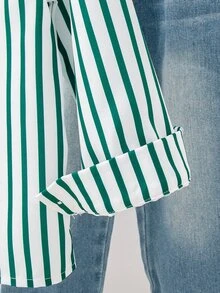 SHEIN Elladie kids Young Girls Back To School White Striped Print Lightweight Shirt Collared Long Sleeve Loose Casual Fairy Cowgirl Lemon Embroidery Spring Autumn Beach - Green - View 6