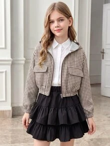 SHEIN 女童韓系學院風可愛西式棕色白色連帽短版拉鍊開襟外套，秋季服飾，寬鬆版型彈性腰圍校園風 - 棕色 - 查看 3