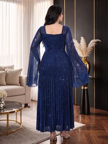 Modelyn Gaun Pesta Kasual Lipit Berkilau Leher Persegi untuk Wanita Ukuran Plus - Royal Blue - View 3