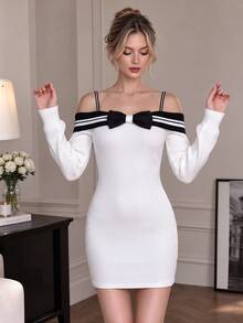 Cévolie Contrast Stripe Big Bow Decor Cold Shoulder Long Sleeve Fitted Bodycon Dress - Beige - View 3