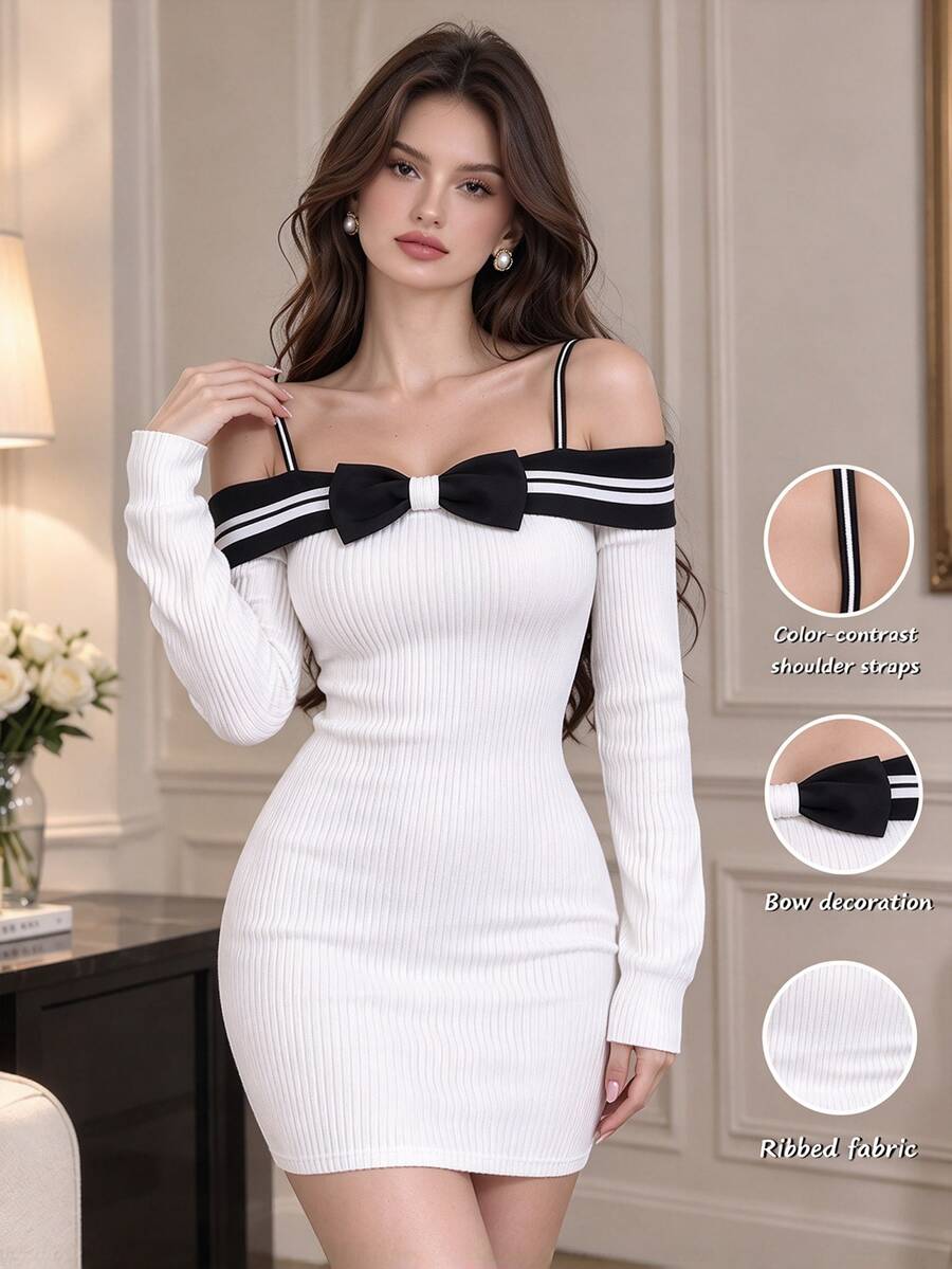 Cévolie Contrast Stripe Big Bow Decor Cold Shoulder Long Sleeve Fitted Bodycon Dress - Beige - View 1