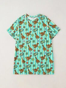 SCOOBY-DOO X SHEIN 大尺碼卡通印花條紋圓領睡裙 - 彩色 - 查看 1