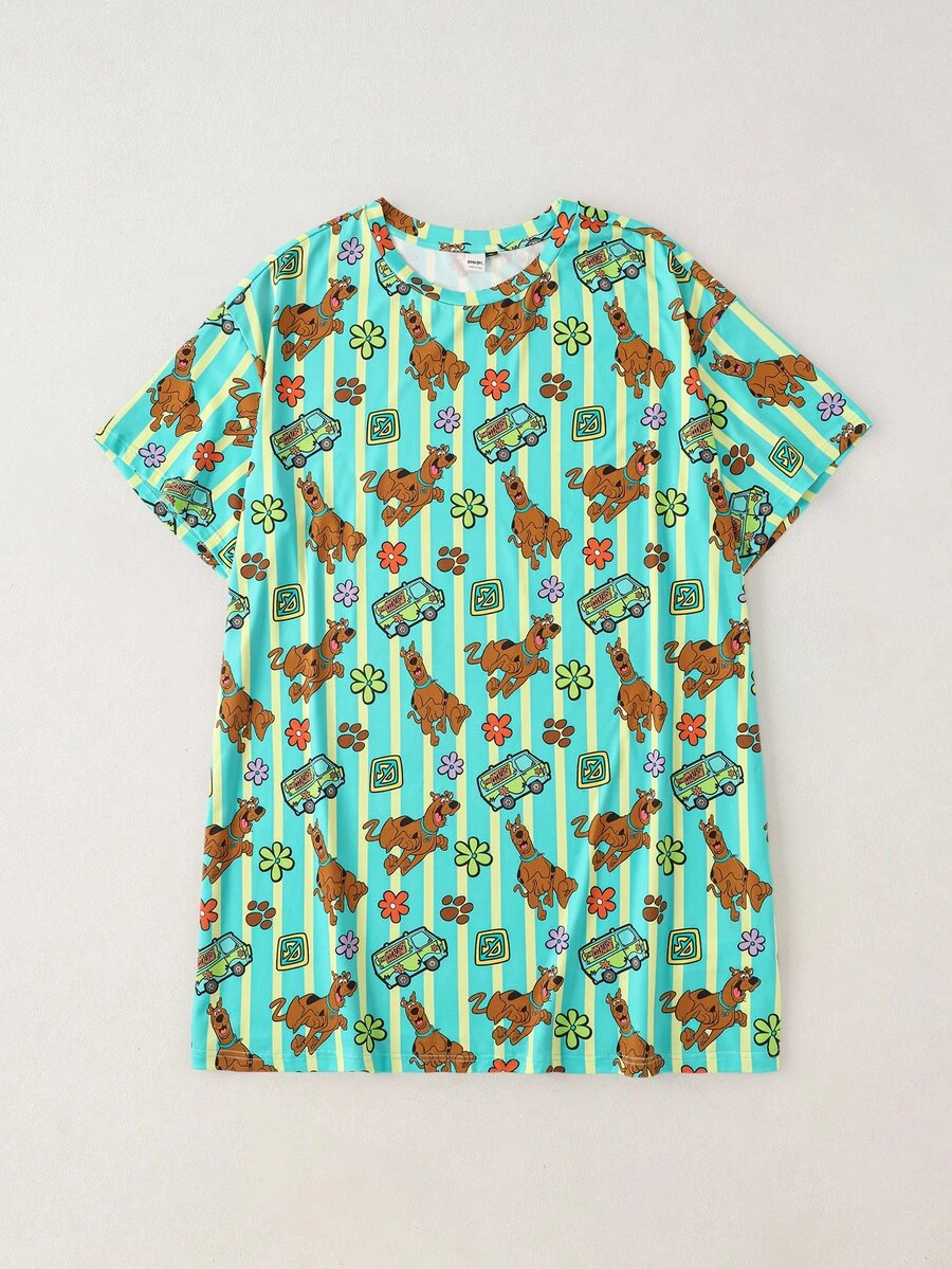 SCOOBY-DOO X SHEIN 大尺碼卡通印花條紋圓領睡裙 - 彩色 - 查看 1