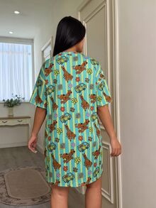 SCOOBY-DOO X SHEIN 大尺碼卡通印花條紋圓領睡裙 - 彩色 - 查看 6