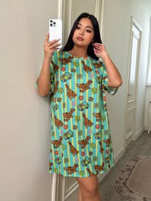 SCOOBY-DOO X SHEIN 大尺碼卡通印花條紋圓領睡裙 - 彩色 - 查看 7