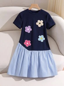 SHEIN Tween Girls' Back-To-School Summer Casual Cute School Navy Blue And White Floral Patchwork Striped Print 2 In 1 Mini Dress, Daily, Outfit School - Multicolor - View 3
