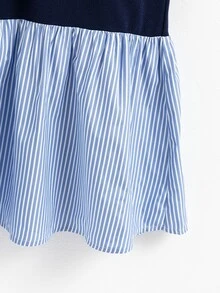 SHEIN Tween Girls' Back-To-School Summer Casual Cute School Navy Blue And White Floral Patchwork Striped Print 2 In 1 Mini Dress, Daily, Outfit School - Multicolor - View 9