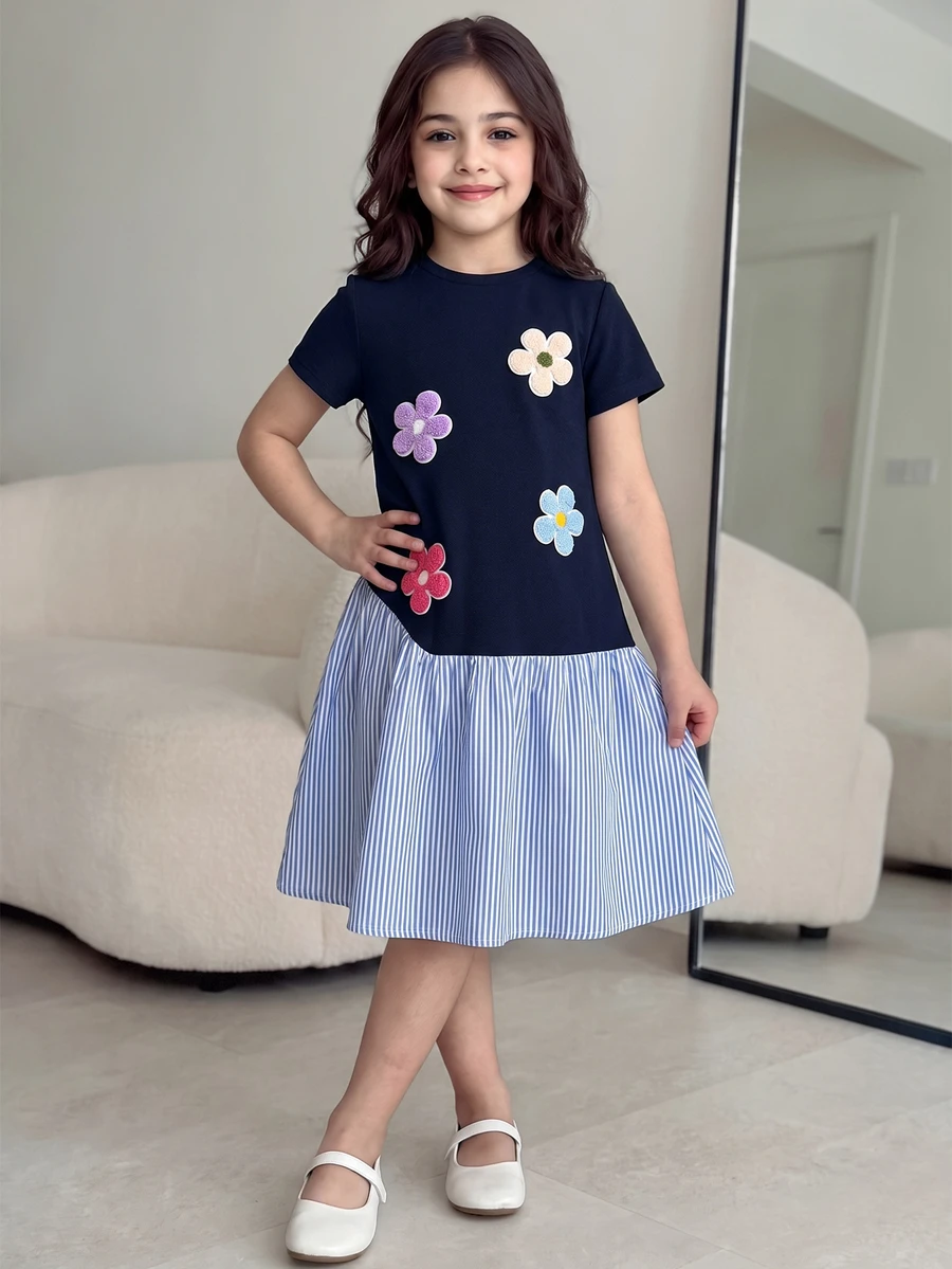 SHEIN Tween Girls' Back-To-School Summer Casual Cute School Navy Blue And White Floral Patchwork Striped Print 2 In 1 Mini Dress, Daily, Outfit School