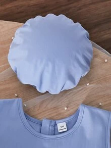 SHEIN Tween Girls 3pcs/Set Light Blue Summer Wedding Dress Set,Short Sleeve Cropped Cardigan,Sleeveless A-Line Dress&Beret Hat,3D Floral Decor - Blue - View 8