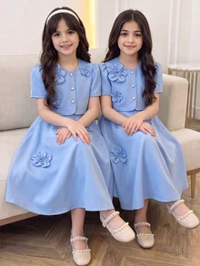 SHEIN Tween Girls 3pcs/Set Light Blue Summer Wedding Dress Set,Short Sleeve Cropped Cardigan,Sleeveless A-Line Dress&Beret Hat,3D Floral Decor - Blue - View 2