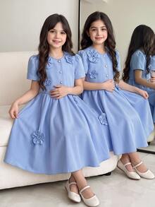 SHEIN Tween Girls 3pcs/Set Light Blue Summer Wedding Dress Set,Short Sleeve Cropped Cardigan,Sleeveless A-Line Dress&Beret Hat,3D Floral Decor - Blue - View 3