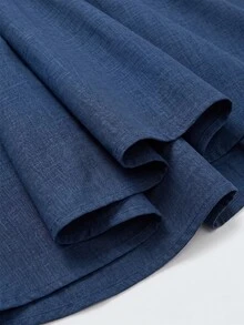 SHEIN Tween Girls Puff Sleeve Dress Cutout Front Ribbon Bow Pearl Beaded Navy Blue A-Line Flared Midi Skirt Kids Elegant Princess Party Wear - Navy Blue - View 8