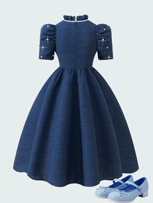 SHEIN Tween Girls Puff Sleeve Dress Cutout Front Ribbon Bow Pearl Beaded Navy Blue A-Line Flared Midi Skirt Kids Elegant Princess Party Wear - Navy Blue - View 3