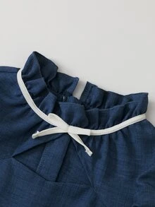 SHEIN Tween Girls Puff Sleeve Dress Cutout Front Ribbon Bow Pearl Beaded Navy Blue A-Line Flared Midi Skirt Kids Elegant Princess Party Wear - Navy Blue - View 6