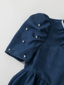 SHEIN Tween Girls Puff Sleeve Dress Cutout Front Ribbon Bow Pearl Beaded Navy Blue A-Line Flared Midi Skirt Kids Elegant Princess Party Wear - Navy Blue - View 7