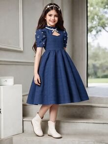 SHEIN Tween Girls Puff Sleeve Dress Cutout Front Ribbon Bow Pearl Beaded Navy Blue A-Line Flared Midi Skirt Kids Elegant Princess Party Wear - Navy Blue - View 2