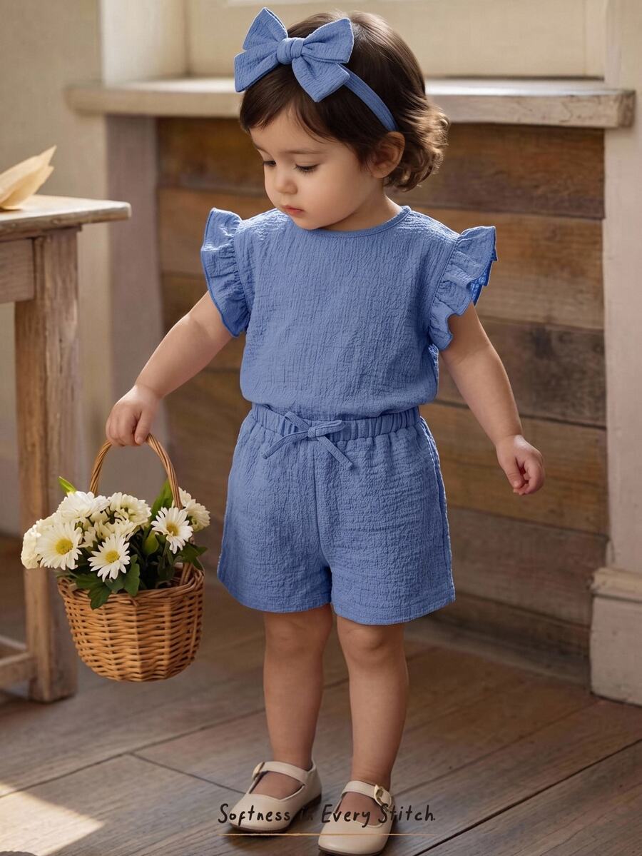 Cozy Pixies Baby Girl Summer Soft & Comfortable Ruffled Short Sleeve Top & Elastic Waist Shorts 2pcs Casual Holiday Outfit - Blue - View 1