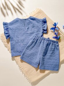 Cozy Pixies Baby Girl Summer Soft & Comfortable Ruffled Short Sleeve Top & Elastic Waist Shorts 2pcs Casual Holiday Outfit - Blue - View 2