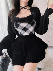 DAZY Women's Diamond Pattern Jacquard Faux Fur Vest And Cropped Long Sleeve Cardigan Sweater 2 Pieces Set - Black and White - View 7