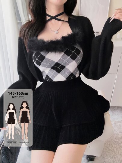 DAZY Women's Diamond Pattern Jacquard Faux Fur Vest And Cropped Long Sleeve Cardigan Sweater 2 Pieces Set