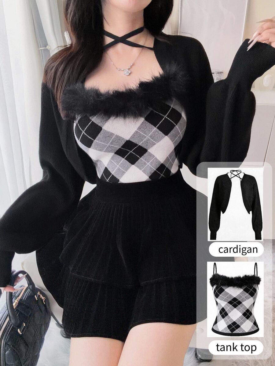 DAZY 女款鑽石圖案提花人造毛背心與短版長袖開襟針織衫兩件套 - 黑與白 - 查看 1