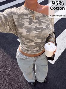 Muchica 女款休閒單肩長袖T恤，迷彩T恤，女款秋冬服飾，街頭風，Y2K - 彩色 - 查看 6