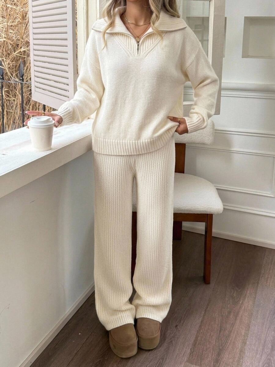 SHEIN Teen Girl Ribbed Long Sleeve Sweater And Knit Pants Set - White - View 1