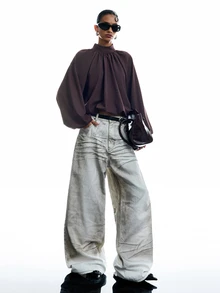 LYSMO 女款純色立領落肩長袖百褶時尚襯衫 外出穿搭 巧克力棕色 秋季優雅 - 紫色 - 查看 8
