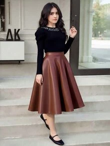 SHEIN 女童优雅复古珍珠装饰泡泡袖针织毛衣 + 皮革 A 字喇叭裙套装 - 黑色 - 查看 1