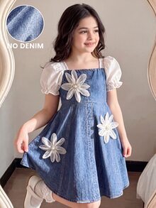 Tween Girls Denim Effect Puff Sleeve Dress, 3D Mesh Flower Decor Square Neck A-Line Autumn, Fairy Outfit First Birthday 7th Birthday Blue Princess - Multicolor - View 2