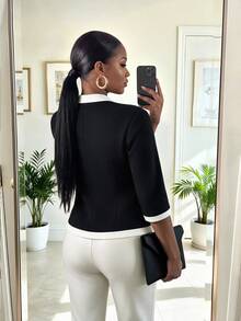 SHEIN Lady CURVE 大尺碼女款拼色休閒商務休閒優雅通勤派對旅行西裝外套 辦公正式 黑白秋季 - 黑與白 - 查看 2