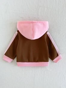 SHEIN 女嬰 1件馬刺繡與粉色條紋袖休閒抓絨內裡連帽拉鍊外套，適合秋冬、休閒外出、拍照或舒適冬季多功能外套 - 棕色 - 查看 2
