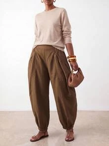 Zivah Autumn/Winter New Loose Bud Lantern Wide Leg Long Pants With Pockets Trousers For Party Birthday Back To School Daily Outing All-Match Versatile Holiday Office Commute Elegant Wear - Brown - View 4