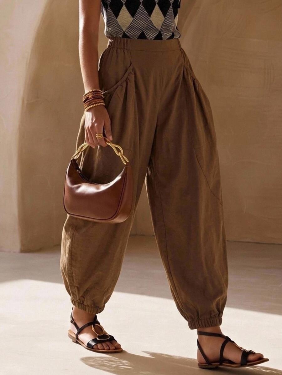 Zivah Autumn/Winter New Loose Bud Lantern Wide Leg Long Pants With Pockets Trousers For Party Birthday Back To School Daily Outing All-Match Versatile Holiday Office Commute Elegant Wear - Brown - View 1