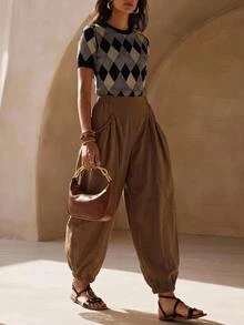 Zivah Autumn/Winter New Loose Bud Lantern Wide Leg Long Pants With Pockets Trousers For Party Birthday Back To School Daily Outing All-Match Versatile Holiday Office Commute Elegant Wear - Brown - View 1