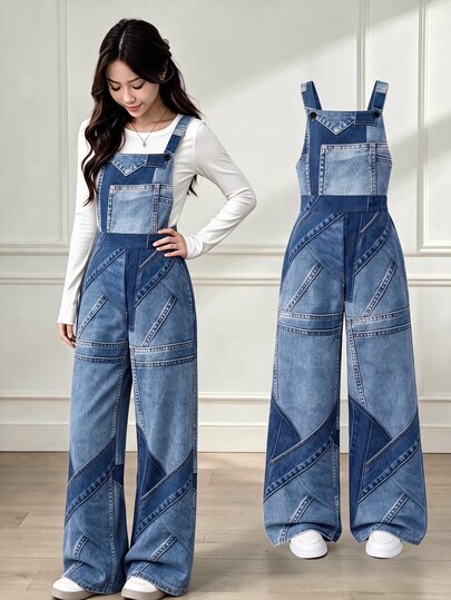 SHEIN Pantalones largos tipo peto holgados de estilo streetwear para niñas, diseño de nicho en color negro, adecuados para uso diario, reuniones y escuela, primavera/verano