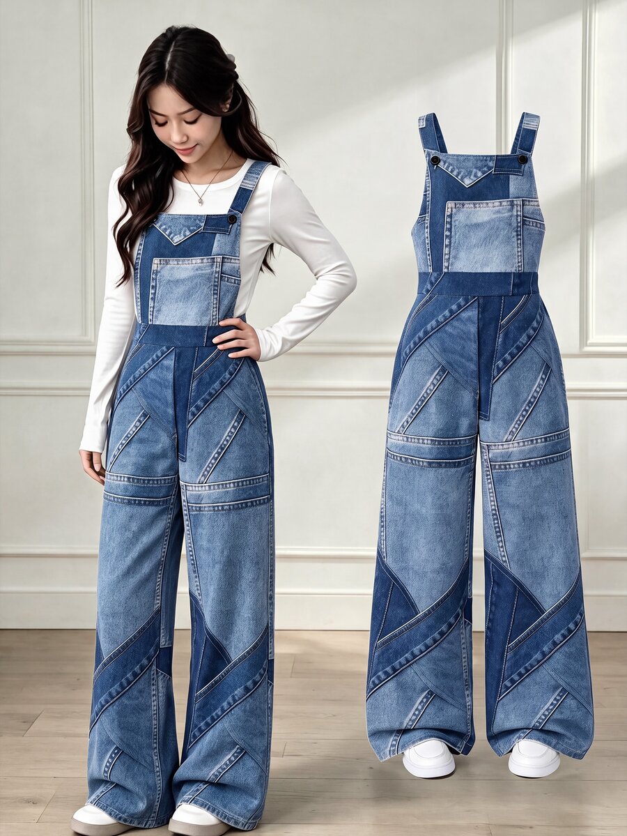 SHEIN Girls' Streetwear Loose Fit Overalls Long Pants, Niche Design Black Dungarees For Girls, Suitable For Daily Wear, Gatherings And School, Spring/Summer - Blue - View 1