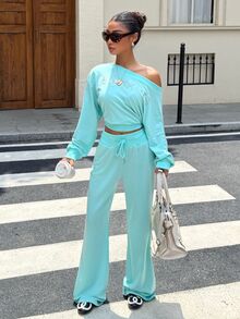Muchica Women's Letter Print Asymmetrical Shoulder Long Sleeve Sweatshirt And Drawstring Waist Long Pants Casual 2 Pieces Set - Mint Green - View 1