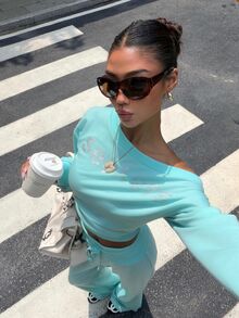 Muchica Women's Letter Print Asymmetrical Shoulder Long Sleeve Sweatshirt And Drawstring Waist Long Pants Casual 2 Pieces Set - Mint Green - View 7