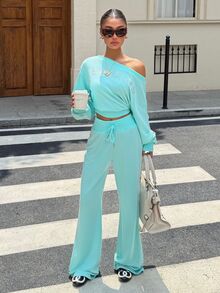 Muchica Women's Letter Print Asymmetrical Shoulder Long Sleeve Sweatshirt And Drawstring Waist Long Pants Casual 2 Pieces Set - Mint Green - View 3