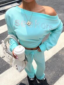 Muchica Women's Letter Print Asymmetrical Shoulder Long Sleeve Sweatshirt And Drawstring Waist Long Pants Casual 2 Pieces Set - Mint Green - View 4