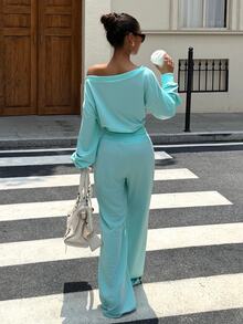 Muchica Women's Letter Print Asymmetrical Shoulder Long Sleeve Sweatshirt And Drawstring Waist Long Pants Casual 2 Pieces Set - Mint Green - View 2