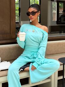 Muchica Women's Letter Print Asymmetrical Shoulder Long Sleeve Sweatshirt And Drawstring Waist Long Pants Casual 2 Pieces Set - Mint Green - View 6