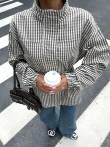 Muchica 2026秋冬棕色格紋編織高領收腰中長版女款夾克，優雅休閒時尚通勤外套，適合秋冬，理想用於外出與聚會，女款通勤夾克，派對、畢業、外出、約會、通勤、情人節，優雅，Y2K - 彩色 - 查看 7