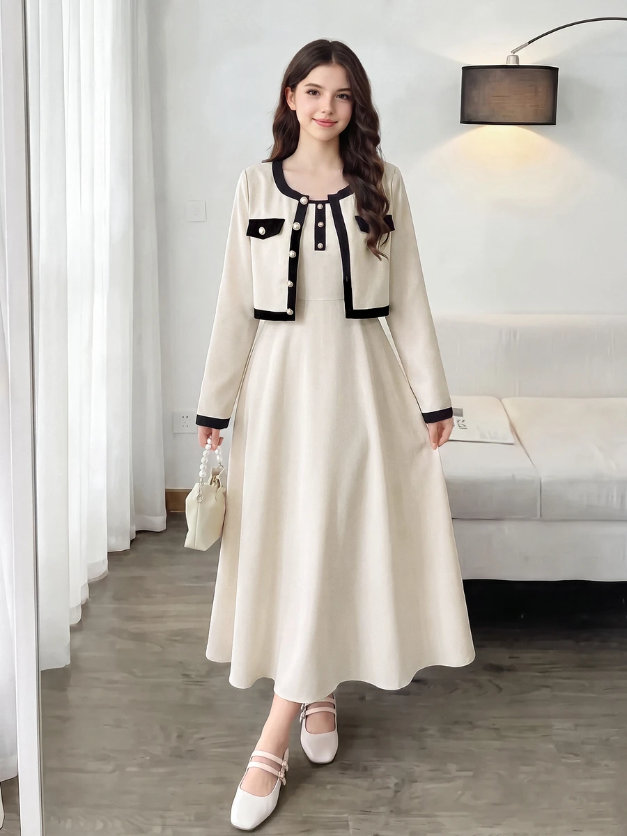 SHEIN Teen Girl Elegant Woven Long Sleeve Jacket And Adjustable A-Line Slip Dress Set All Black Autumn Party Birthday Groove Modest Midi Dress For Teens - Apricot - View 1