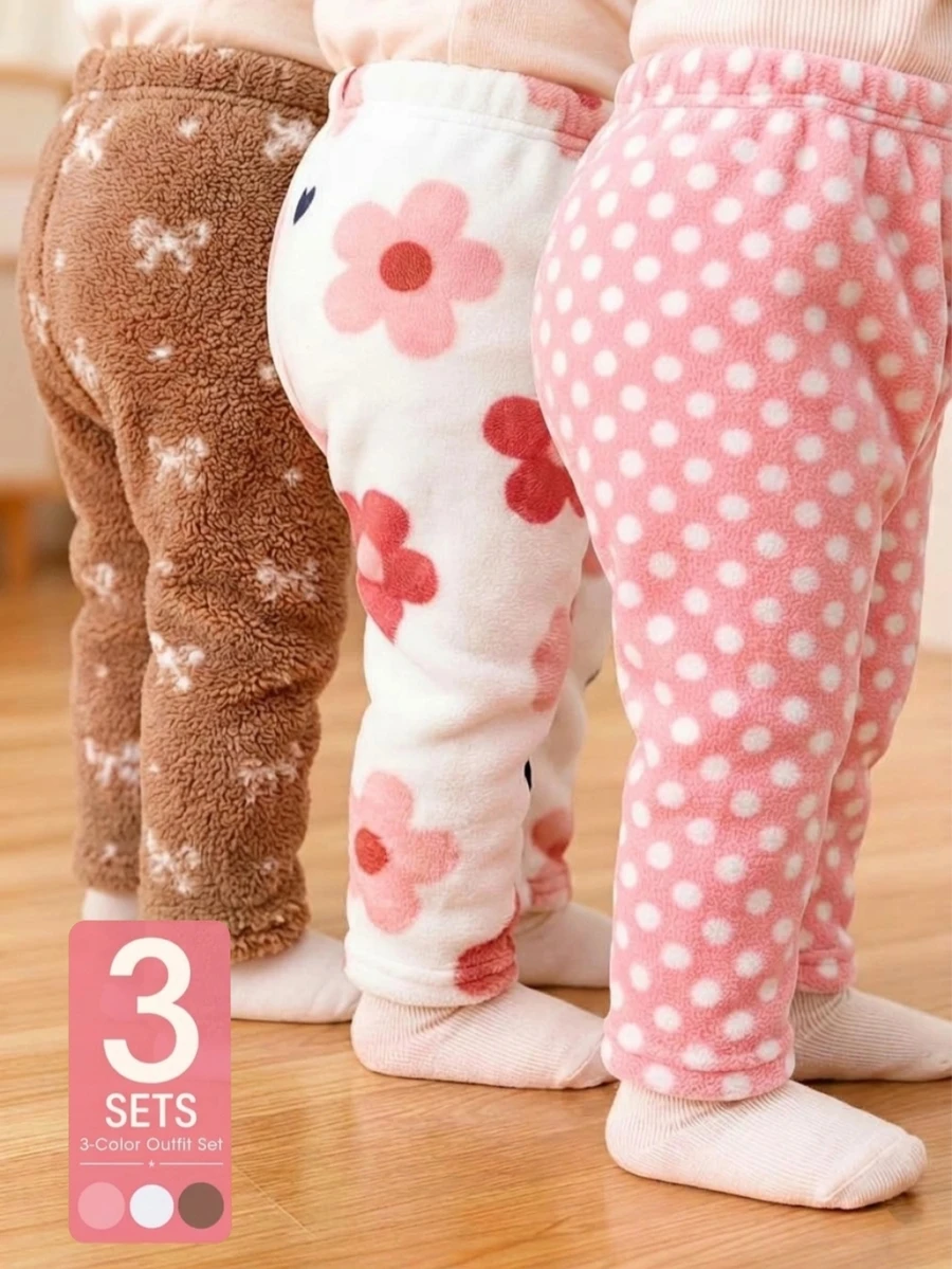 SHEIN Playful Pals 3件組幼女毛絨長褲,可愛甜美粉白愛心花朵蝴蝶結印花,加厚彈性秋冬休閒下著 - 彩色 - 查看 1