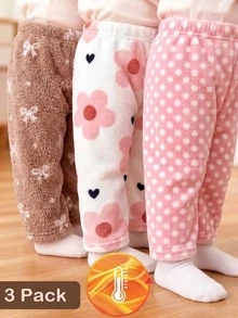 SHEIN Playful Pals 3件組幼女毛絨長褲，可愛甜美粉白愛心花朵蝴蝶結印花，加厚彈性秋冬休閒下著 - 彩色 - 查看 4
